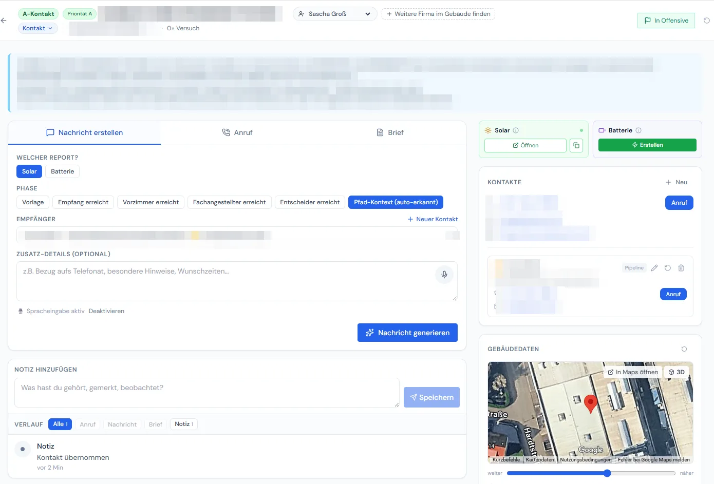 Zum Vergrößern klicken Markthoheit-CRM: einzelner Kontakt mit Firmen-Zusammenfassung, Ansprechpartner, Gebäudedaten und den Wegen Nachricht, Anruf und Brief