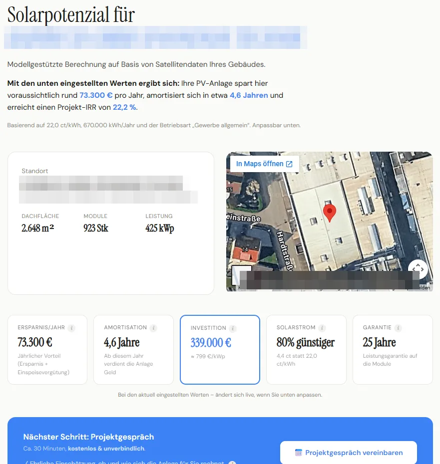 Zum Vergrößern klicken Potentialreport: Solarpotenzial eines Gewerbegebäudes mit Satellitenbild, Ersparnis, Amortisation und Investition